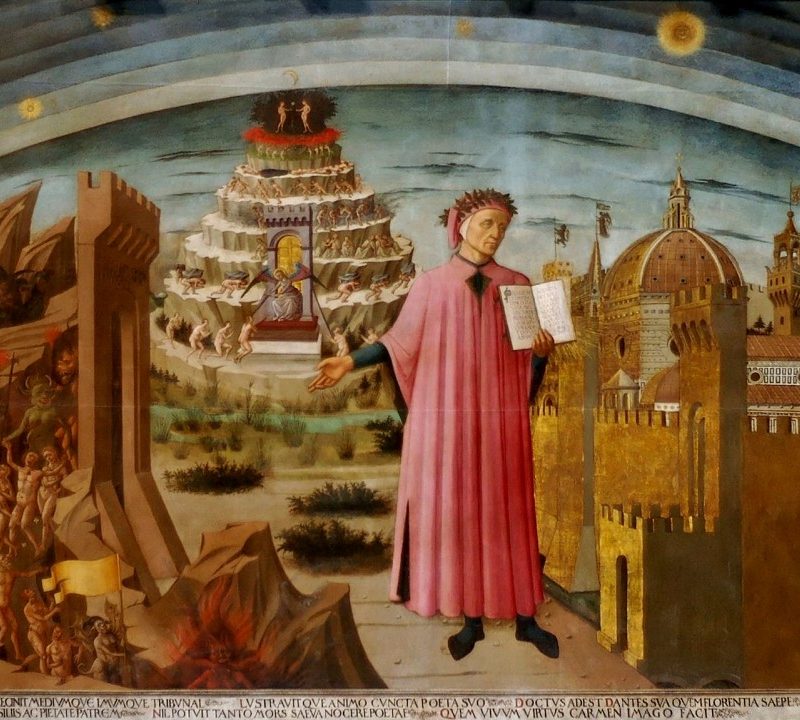 Dante tenant un exemplaire de la Divine Comédie, à côté de l'entrée de l'enfer, des sept terrasses du mont Purgatoire et de la ville de Florence, avec les sphères du ciel au-dessus, dans la fresque de 1465 de Domenico di Michelino.
